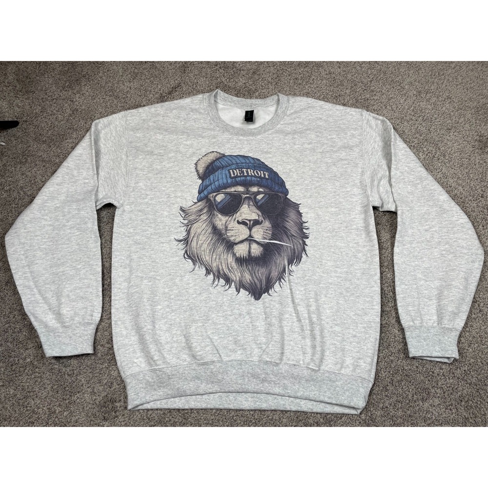 Detroit Lions Football Sweatshirt Gildan Heavy Blend Crewneck Gray Cool Hip Logo